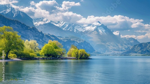 beautiful lake with mountains in spring in high resolution and high quality HD