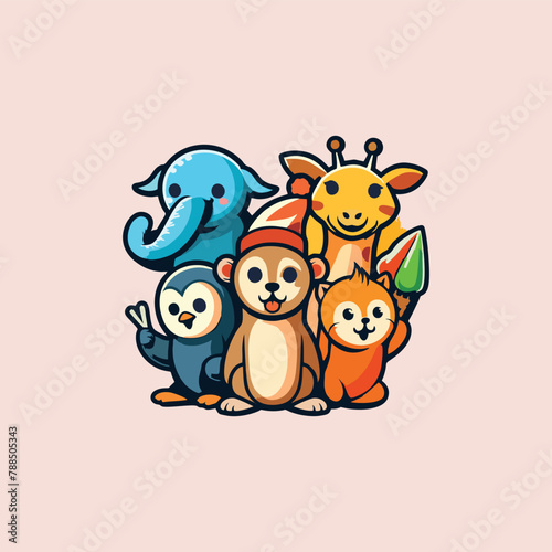 collection of kawaii animals giraffe, elephant, penguin, seal, cat, cute sticker, brand mascot cartoon character Cute , Animal Logo, Vector illustration of cute shape