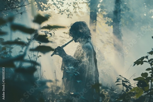 A silhouette of a person playing the flute in a misty forest with sunbeams filtering through the trees.