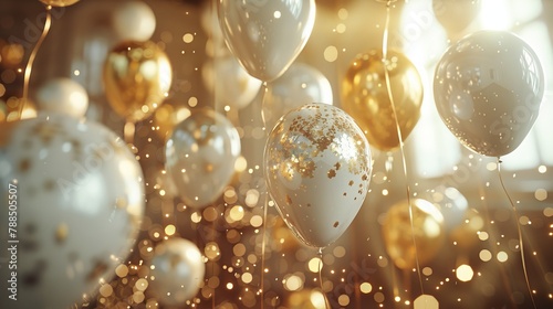 Gold and white balloons with a shiny gold background.