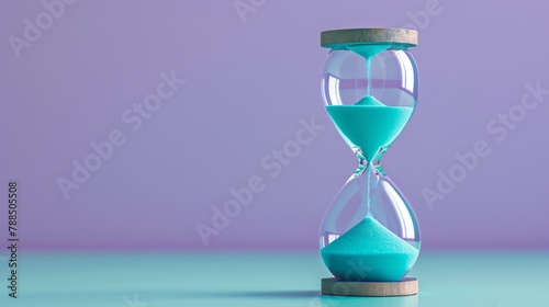 An hourglass with blue sand on a blue and purple background.