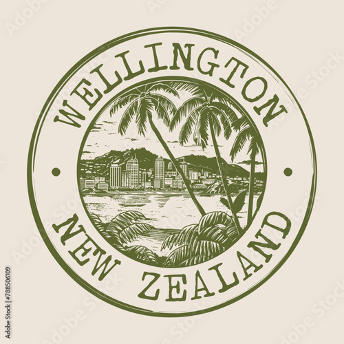 Wellington, New Zealand Stamp City Postmark. Silhouette Postal Passport. Round Vector Icon. Vintage Postage Design.	