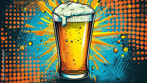 Sparkling beer glass poster designed in pop art style for bar wall. Background in pop art retro comic style.