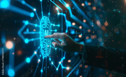 Hand interacting with futuristic AI interface, with neon blue circuit lines and digital brain icon.