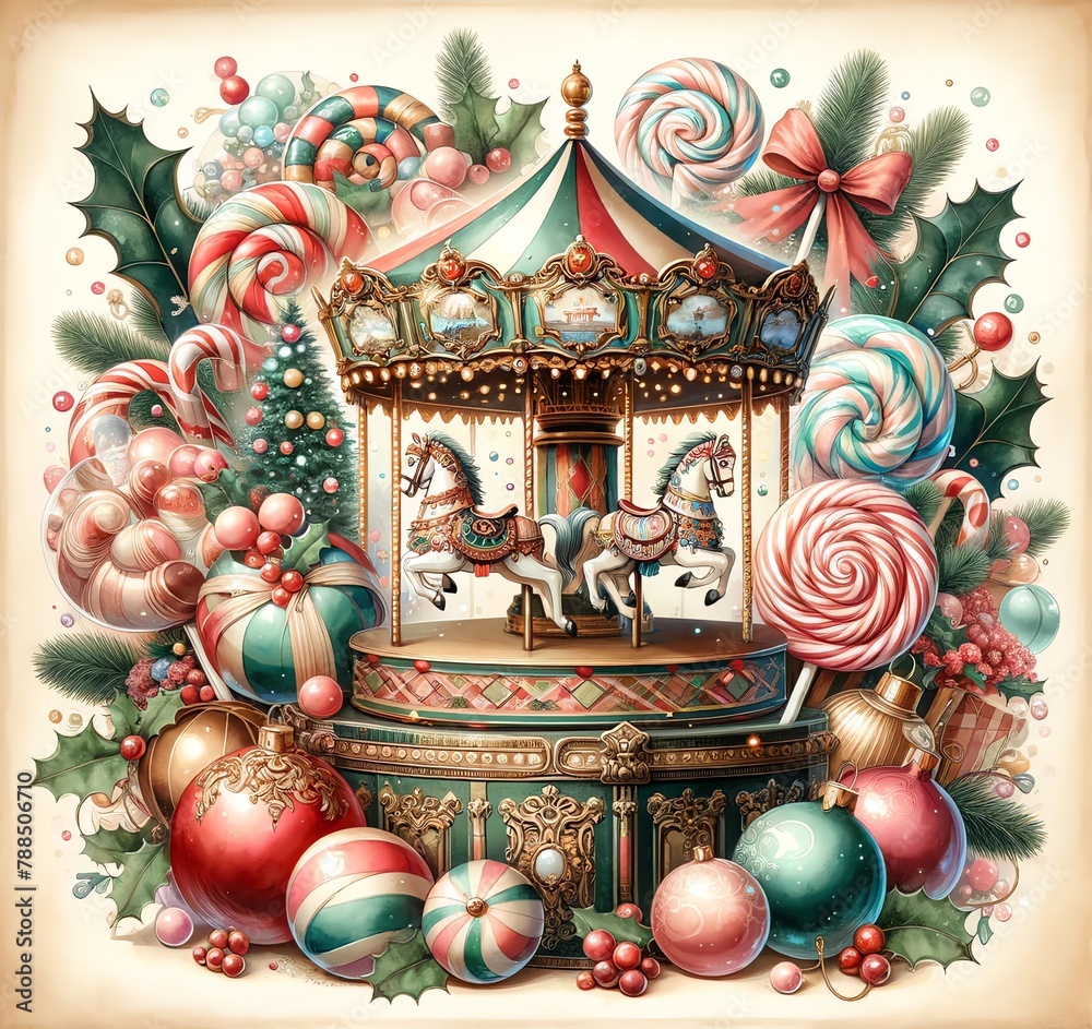Watercolor Style Image of Christmas Carousels