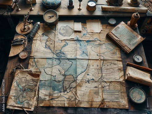 Antique Map Maker's Studio   Aged maps and nautical instruments spread across a large oak desk photo