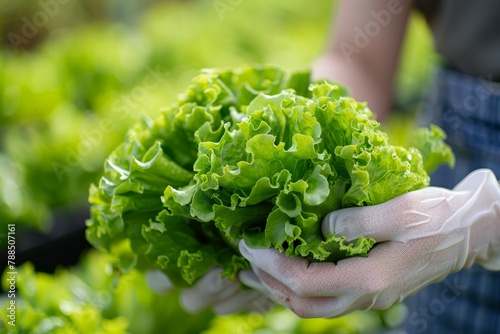 Fresh green lettuce held in hands with gloves against a blurred garden background.