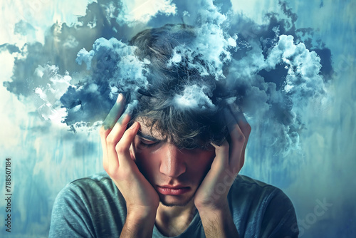 a person’s head enveloped by clouds, symbolizing confusion, overwhelmed thoughts, and mental health. The abstract artistry evokes feelings of stress, anxiety, and upset