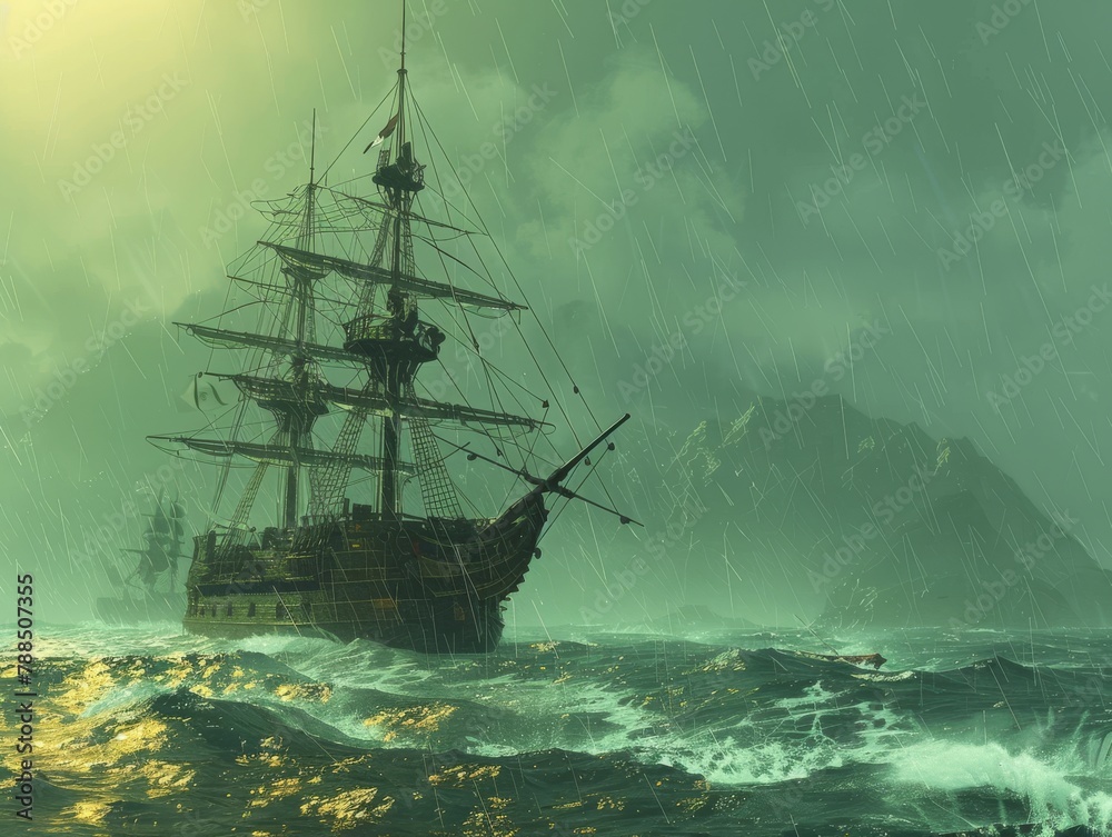 A pirate ship caught in a storm in the Caribbean Sea