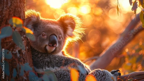 Cuddly koala enjoying an eucalyptus iced tea, perched high in a tree with a view of the Australian sunset