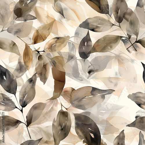 Seamless texture depicted in watercolor. The image presents tree branches and leaves in natural tones. Can be used on fabric, paper and other products.