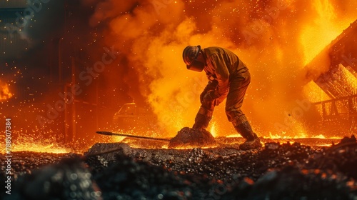 Technician in a steel mill, orange light from molten metal highlighting rough textures, profile view photo