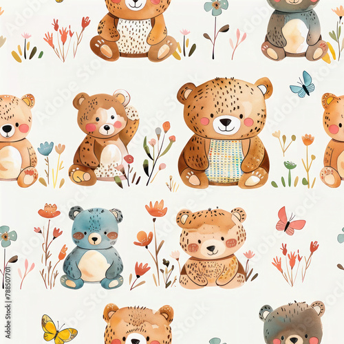 Boho scaninavian bears in forest seamless pattern photo