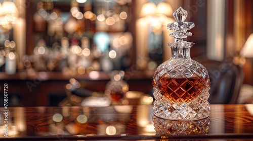 Macro shot of a diamond cut crystal decanter on a polished mahogany bar, luxurious gold accents glinting