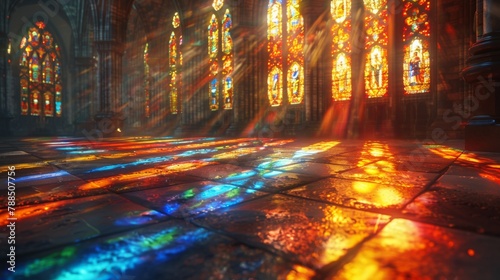 Gothic Cathedral Mystery   Stained glass casting colorful shadows on an ancient stone floor photo