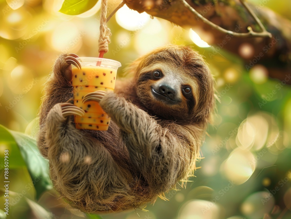 Fototapeta premium Beaming sloth hanging from a tree branch, clutching a mango bubble tea, serene tropical background