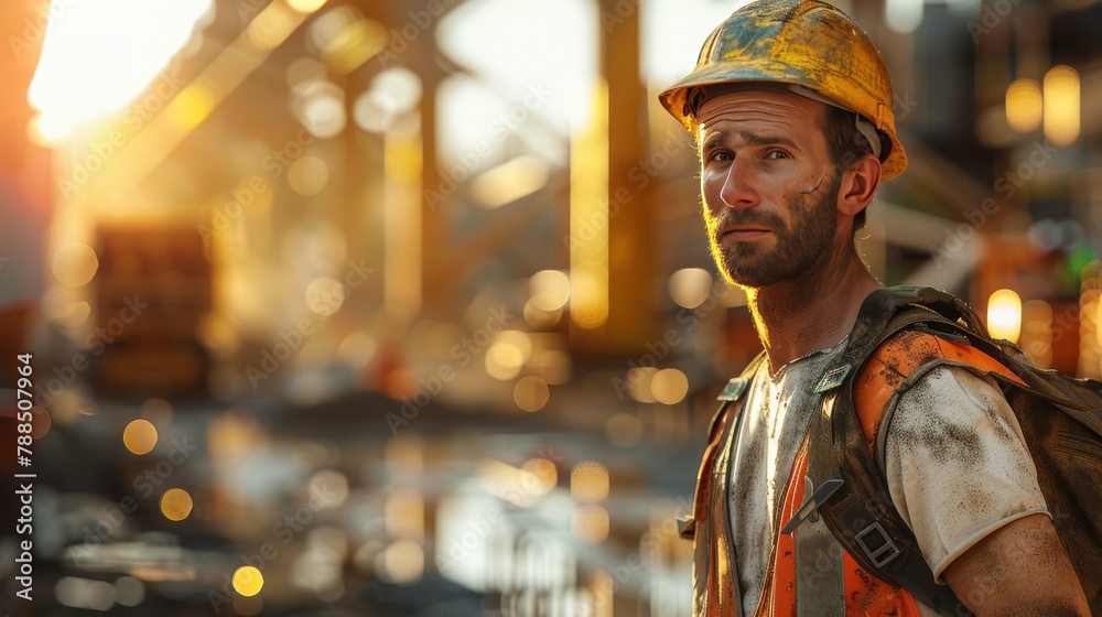 Fashionable worker in a crisp white tee and safety gear, concrete textures, bright, indirect lighting