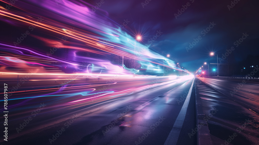 High speed urban traffic on a city street during evening rush hour, car headlights and busy night transport captured by motion blur lighting effect and abstract long exposure photography