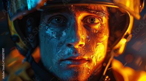 Close up of a worker is  face illuminated by the blue light of early dawn, helmet casting a shadow photo