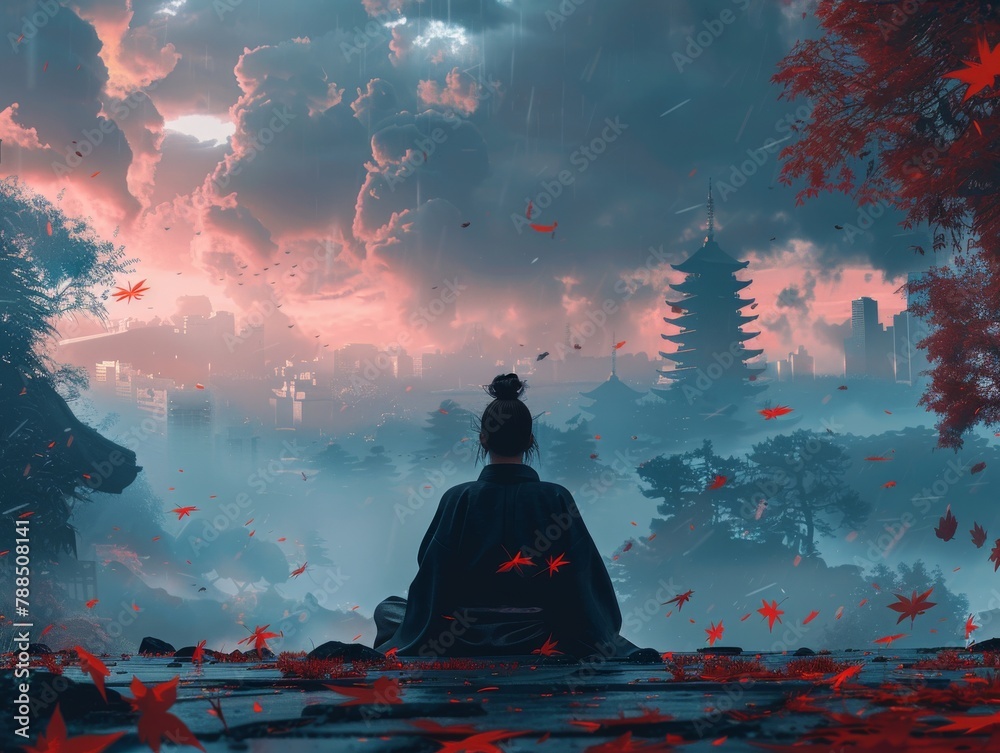 A samurai warrior meditating before a battle