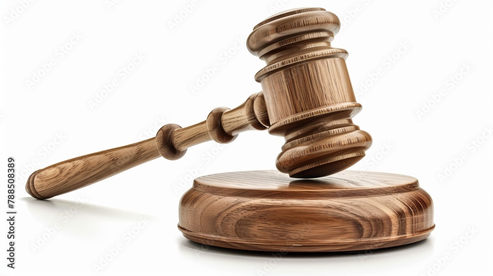 A wooden judge gavel and soundboard isolated on white background in perspective A wooden judge gavel and soundboard isolated on white background in perspective
