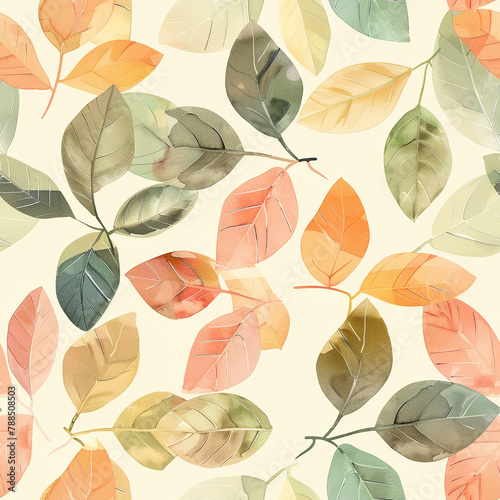 Seamless texture depicted in watercolor. The image presents tree branches and leaves in natural tones. Can be used on fabric, paper and other products.