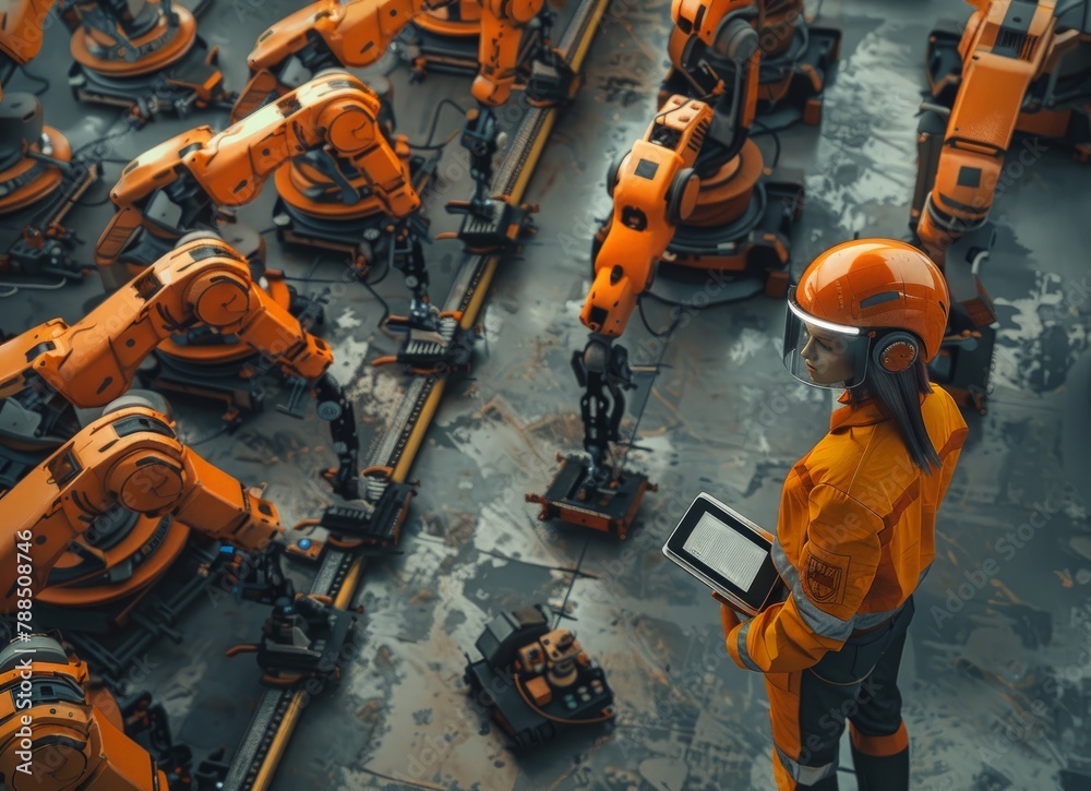 Engineer in orange uniform monitors automated robotic arms in a futuristic factory setting.