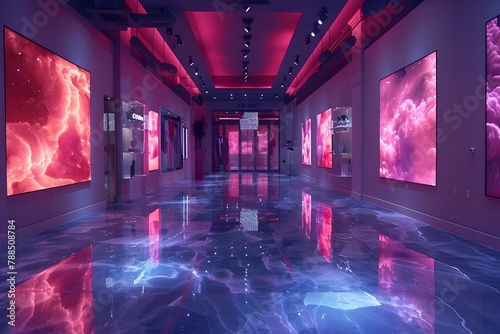 Luminous Geometric Corridor of Captivating Neon Reflections and Futuristic Illumination