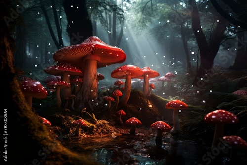 Wild Red toadstool mushroom forest. Toxic fungi. Generate Ai