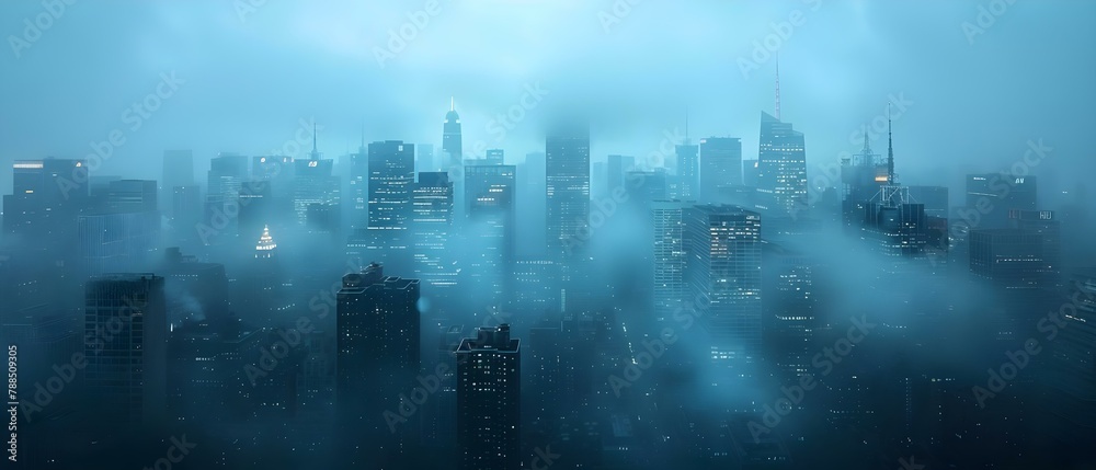 Fototapeta premium City Shrouded in Mist: A Haze-Induced Wake-up Call. Concept Mysterious Fog, Urban Reverie, Hidden Landmarks, Atmospheric Adventures, City Exploration