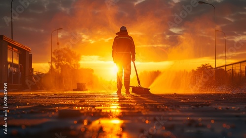 Street cleaner at dawn, silhouette against the rising sun, sweeping gesture captured from a low angle