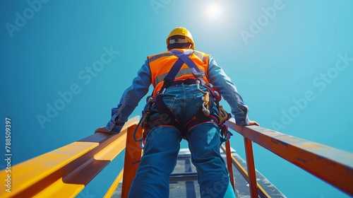Fashion forward worker in a slim safety harness, high steel beam background, clear blue sky