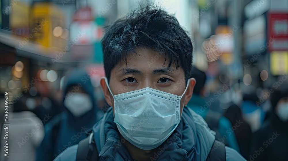 Young Asian man wearing a face mask in a crowded urban street. Pandemic lifestyle and social distancing concept. 