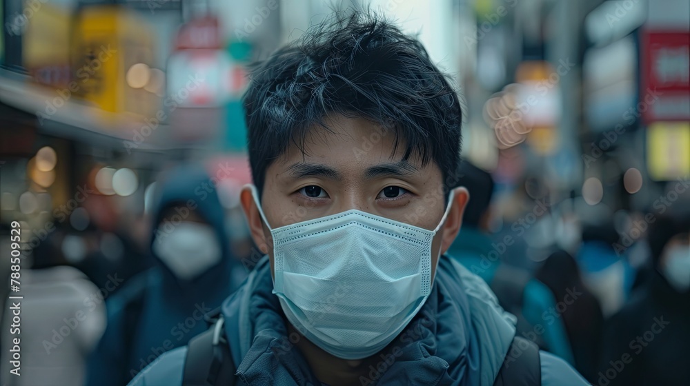 Young Asian man wearing a face mask in a crowded urban street. Pandemic lifestyle and social distancing concept. Young Asian man wearing a face mask in a crowded urban street. Pandemic lifestyle and social distancing concept.