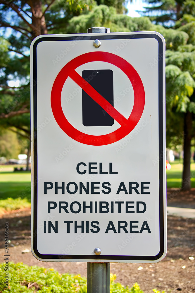 Rectangular 'No Cell Phones' prohibition sign on post with clear text, set in an outdoor green space