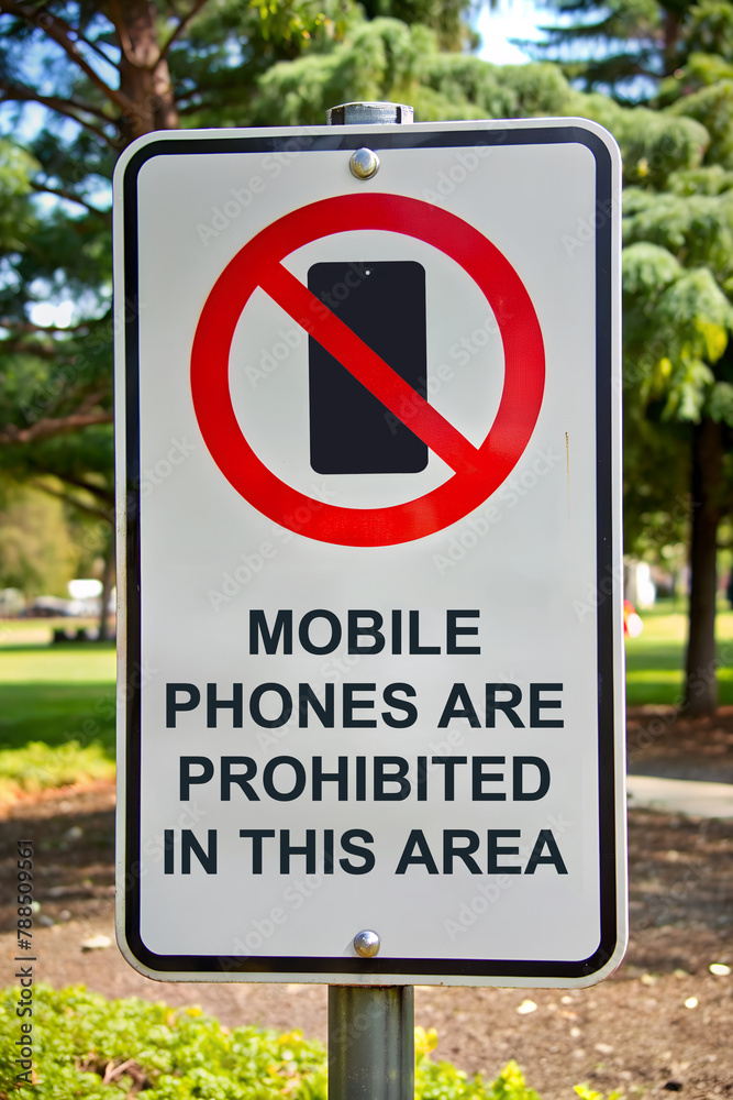Rectangular 'No Mobile Phones' prohibition sign on post with clear text, set in an outdoor green space