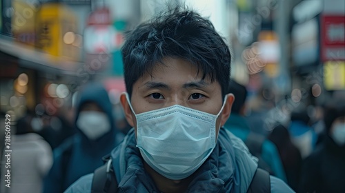 Young Asian man wearing a face mask in a crowded urban street. Pandemic lifestyle and social distancing concept. 