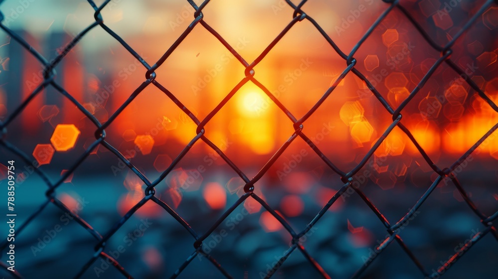 Close up of a chain link fence with a blurred factory scene, sunset casting a fiery glow on metal surfaces Close up of a chain link fence with a blurred factory scene, sunset casting a fiery glow on metal surfaces
