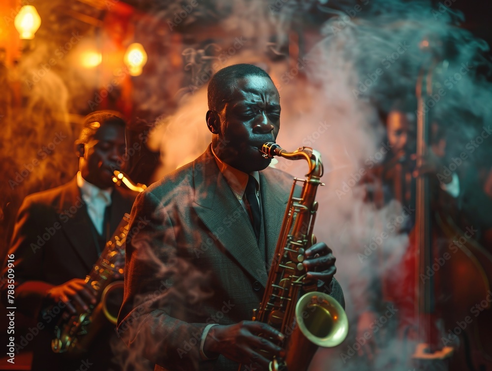 A jazz band performing in a smokey bar in the Harlem Renaissance era ...