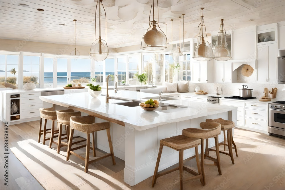 a sunlit kitchen with light tones, beachy textures, and sea-inspired elements, radiating the airy warmth of a coastal style home.