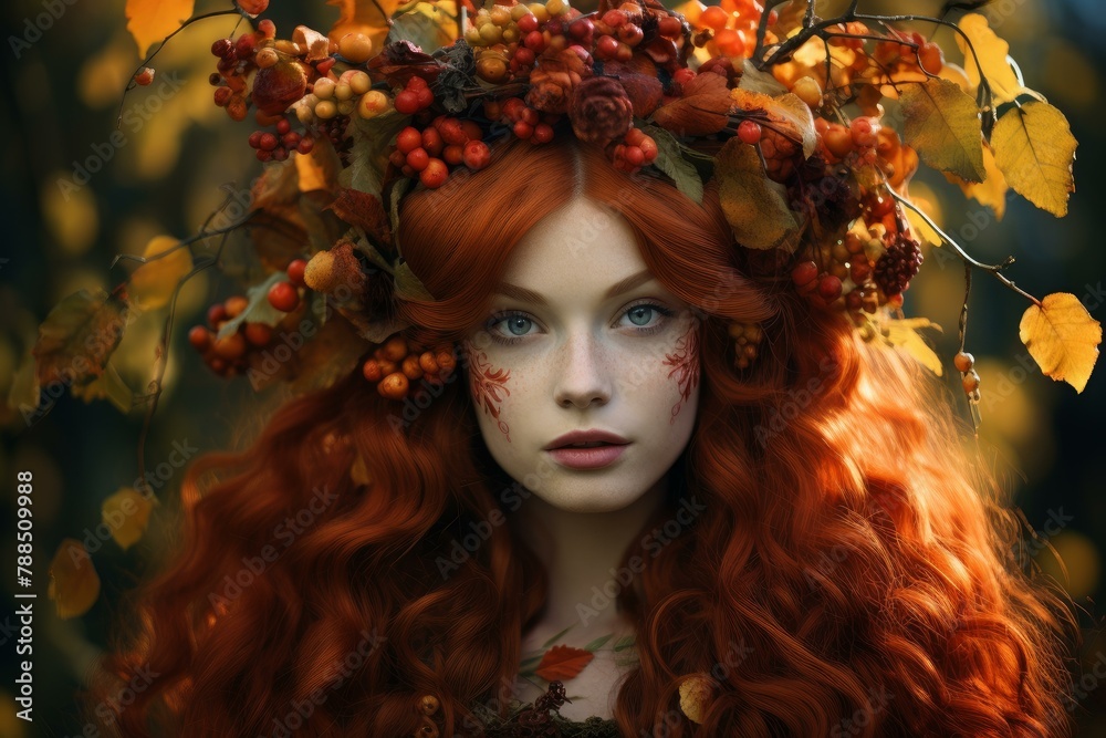 Captivating Red haired woman in wheat field portrait. Photo shot of cute girl at nature. Generate Ai