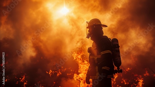 Firefighter battling a blaze, backlit by flames, high contrast and deep, dark smoke clouds