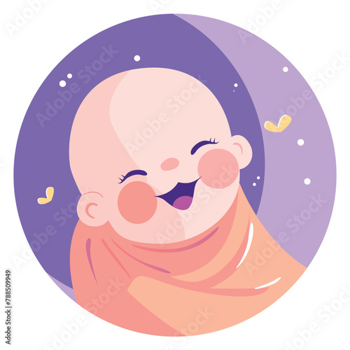 Smiling bald baby wrapped in a cozy blanket, vector illustration with a purple background