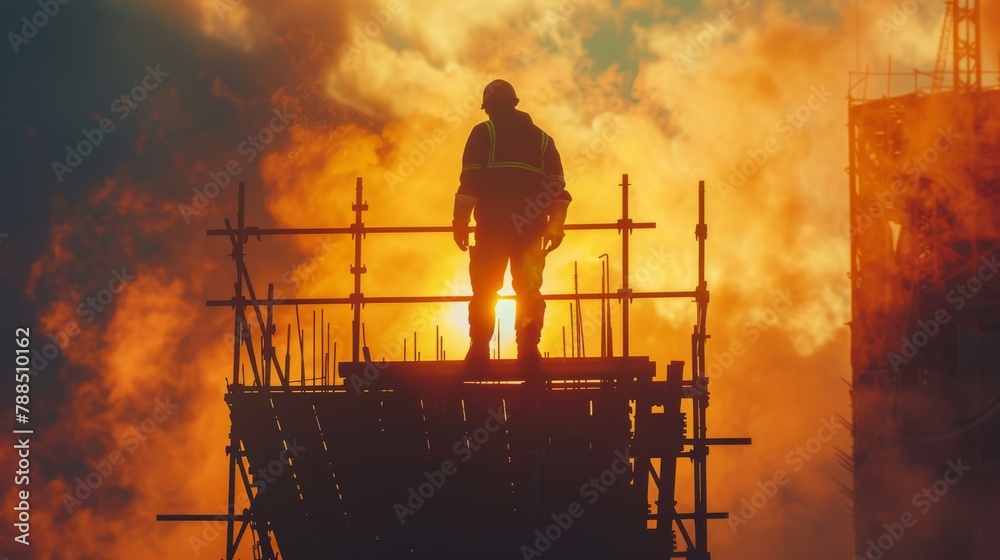 Silhouette of a construction worker on scaffolding, sunset background, cinematic smoke effects