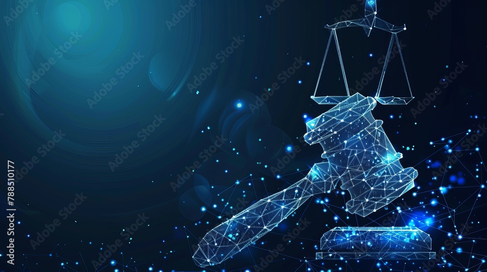 Abstract Hammer judge form lines and triangles, point connecting network on blue background. Illustration vector