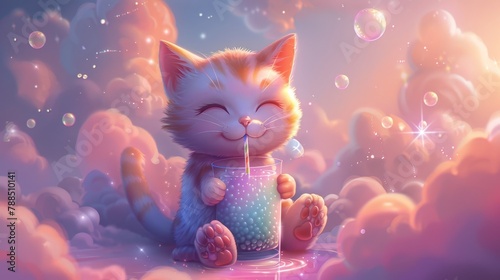 Adorable cat character in vector art, sipping a rainbow bubble tea, surrounded by clouds and sparkles