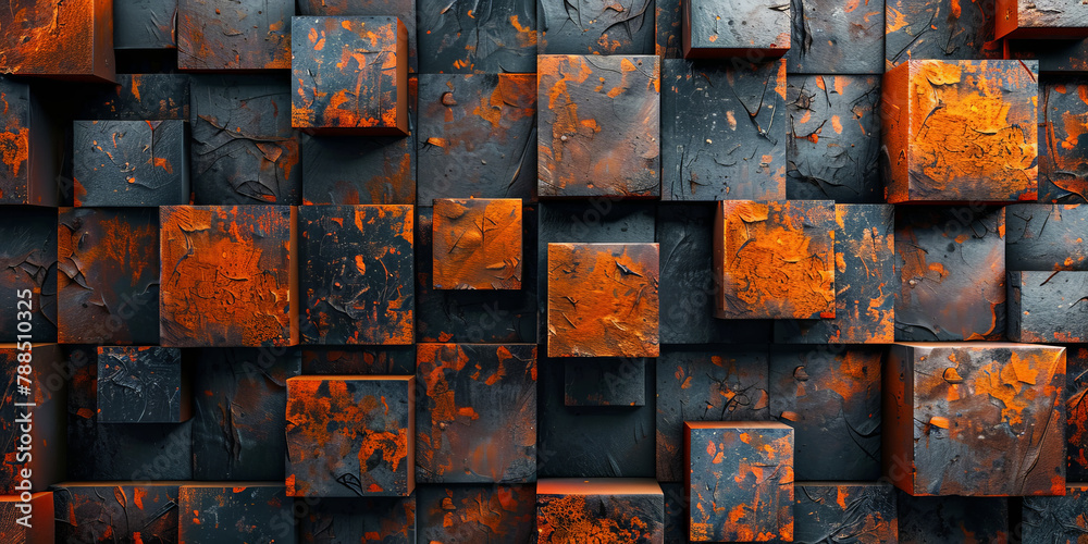 Dark gray and orange metal cubes with rusted textures,, Dark abstract metal blocks with orange rust textures background, dark gold orange square block wall background Dark gray and orange metal cubes with rusted textures,, Dark abstract metal blocks with orange rust textures background, dark gold orange square block wall background