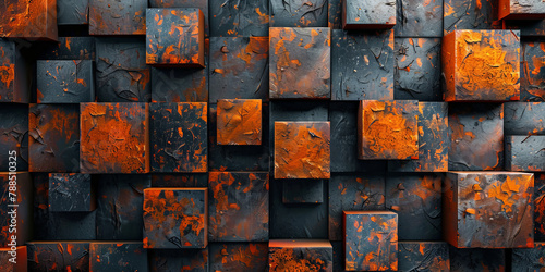 Dark gray and orange metal cubes with rusted textures,, Dark abstract metal blocks with orange rust textures background, dark gold orange square block wall background