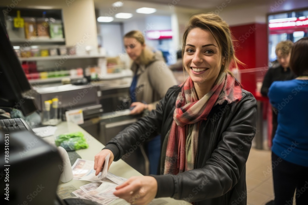 Smiling woman paying cash at supermarket checkout