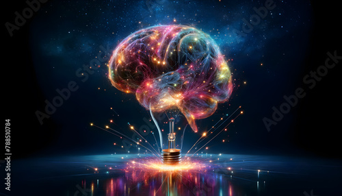 A human brain made of glowing wires  set against a starry night sky  symbolizing the vastness of human creativity and thought.
